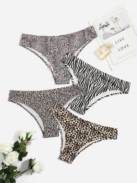 

4pack plus leopard & zebra stripe no show panty y8fv#, Black;white