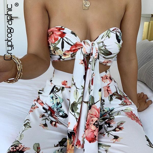

cryptographic floral print sleeveless wrap and pants long two piece set matching set women fashion outfits crop, Black;white