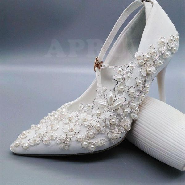 

dress shoes 9cm high thin heels silver lace wedding bride handmade luxury ankle buckle straps point toes bridal bridesmaid pumps, Black