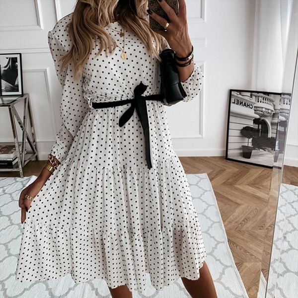 

vintage polka dot sashes women dress a line party long sleeve o neck ruffled elegant midi summer holiday boho, Black;gray