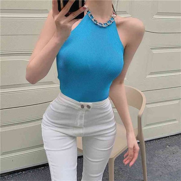 

korean chic design chain exposed clavicle knitted vest women'summer tight carmise 210602, White