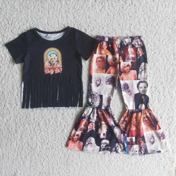 

clothing sets wholesale children baby girls boutique black short sleeve music singer tassel kids leopard pants fashion outfit1, White