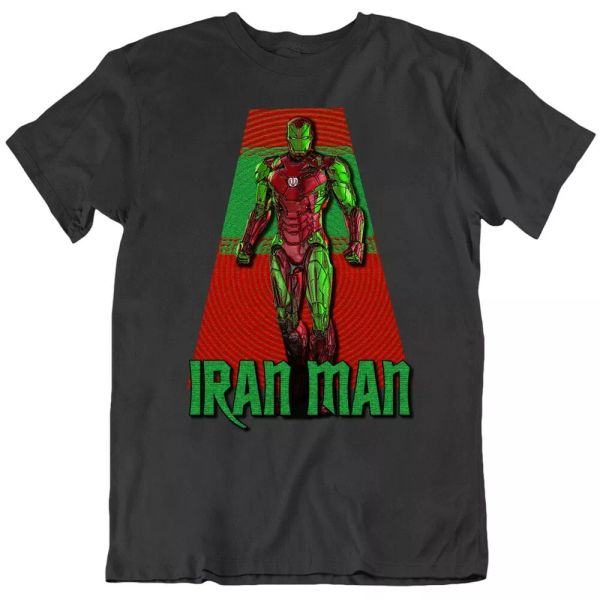 

iran man funny parody iron man irainian superhero t shirt, White;black