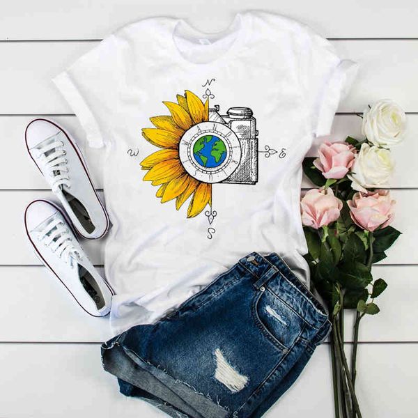 

women's t-shirt women graphic t-shirt watercolor female printed vintage world compass camera flower ladies camisas mujer womens hl, White