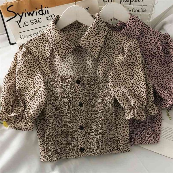 

leopard chiffon blouses womens summer fashion button up hollow out folds turn-down collar puff sleeve short shirts 210607, Black;gray