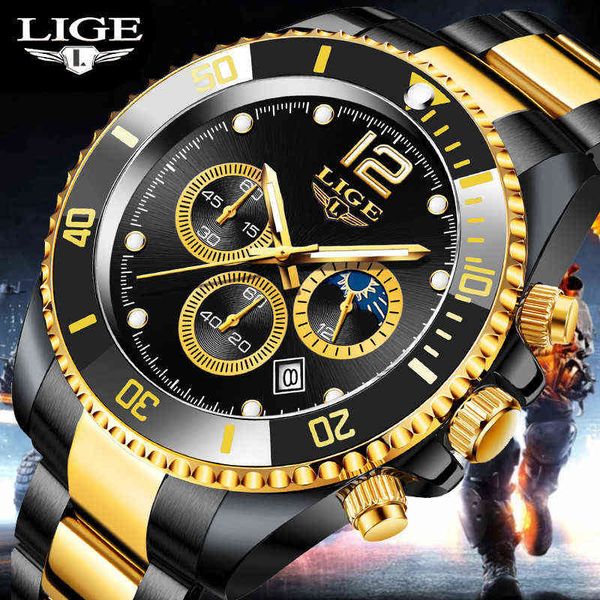 

lige watches mens brand luxury clock casual stainless steel 24hour moon phase men watch sport waterproof quartz chronograph 211124, Slivery;brown
