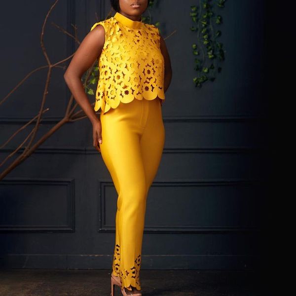 

2021 summer two piece sets tracksuits for women fashion lace yellow sleeveless and high waist pants suits lady outfits, White