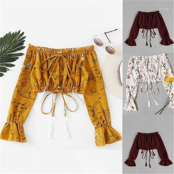 

women's blouses & shirts blouse women and summer off shoulder mujer chiffon long sleeve print clothes blusas verano, White
