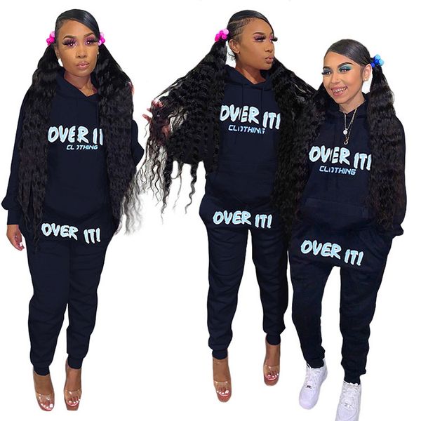 

Womens Two Piece Pants Autumn Winter Letter Print Hoodies Designer Tracksuits Solid Color Fashion Casual Women Clothes, Black