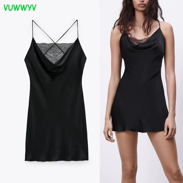 VUWWYV Schwarz Fließende Satin Spitze Mini Kleid Frauen Sommer Sexy Backless Schlanke Träger Party Frau Fashion Club Kurze 210430