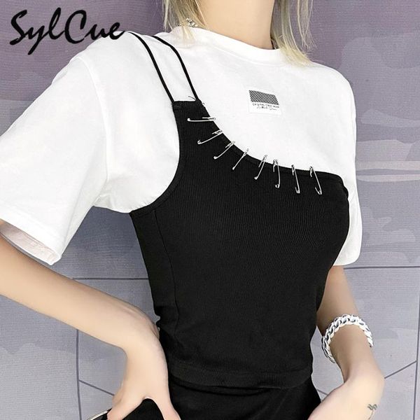 

women's t-shirt sylcue summer black and white double-layer match comfortable two-piece short-sleeved retro fashion casual wear