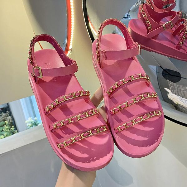 

summer shoes for women 2021 flat sandals woman metal chain rome platform round head comfortable open toe buckle, Black