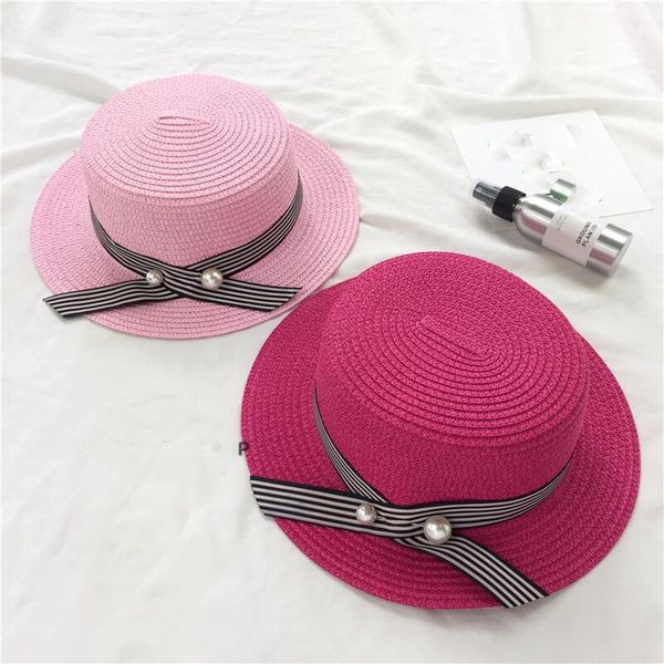 

fashion women hat boater flat beach summer straw female lady pearl ribbon sun cap sombrero femme chapeu feminino wide brim hats, Blue;gray