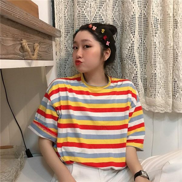 

women's t-shirt t shirt women rainbow striped summer loose short sleeve korean punk camiseta feminina harajuku tshirt, White