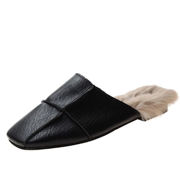 

women winter slippers fluffy ladies mules flats soft woman shoes pu square toe female warm plush fashion slipper, Black