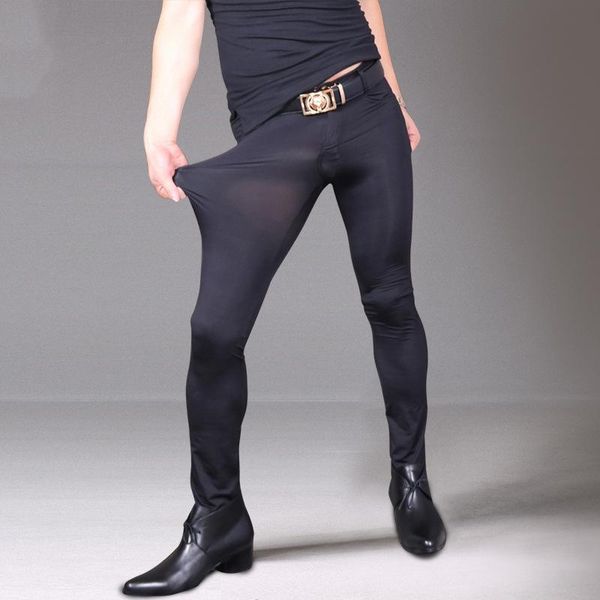 

men's pants men charm elastic tight trousers ice silk stockings casual pencil erotic lingerie club gay wear clothing, Black