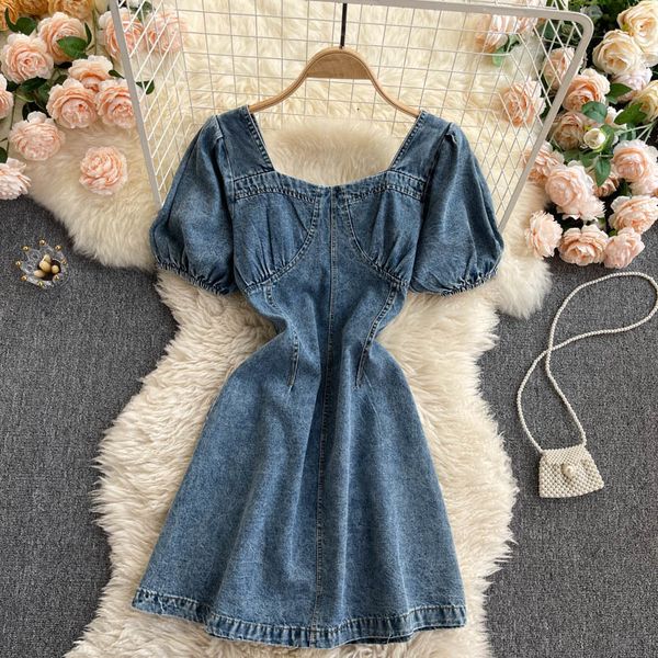 

two piece dress short denim women summer casual streetwear vintage square collar puff sleeve pleated elastic back slim a-line jean, White