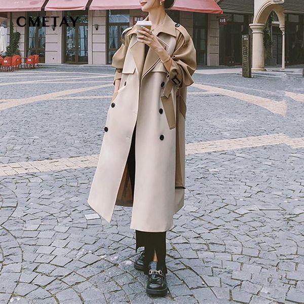 

women's trench coats windbreaker mid-length spring autumn 2021 korean loose contrast stitching over knees outerwear, Tan;black
