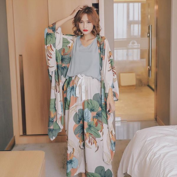 

4 piece summer autumn pajamas women sleepwear sets floral printed robe shorts female suit home wear for, Black;red