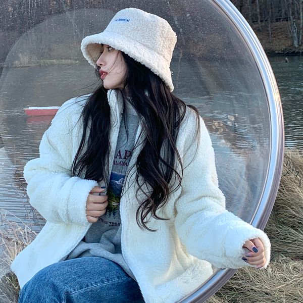 

3 colors 2021 autumn and winter korean style stand collar solid color lamb wool thick warm coats and jackets womens (C2956), Black;brown