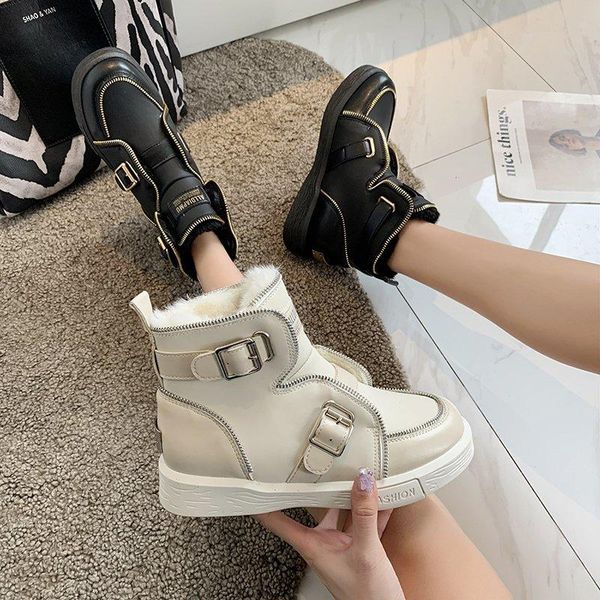 

boots women fashion waterproof snow for winter shoes casual double buckle fur ankle botas mujer warm, Black