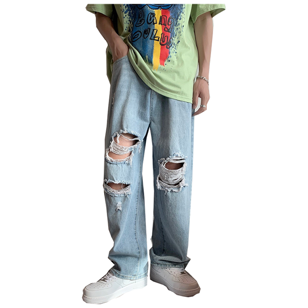 

men's pants autumn personality ripped jeans casual straight leg beggar, Black