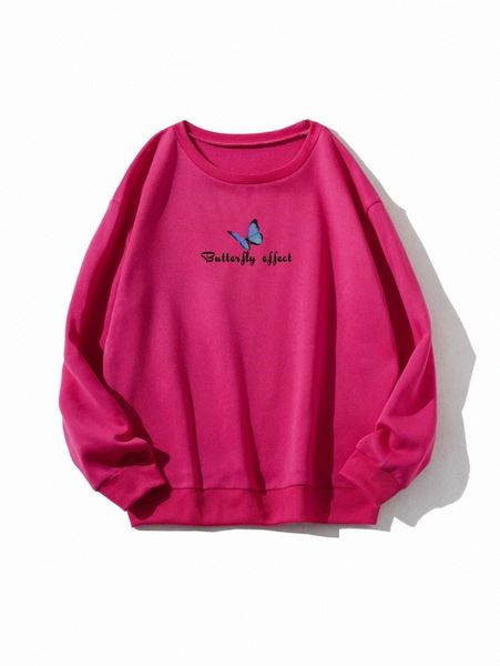 

letter and butterfly print thermal lined sweatshirt n6hd#, White;black