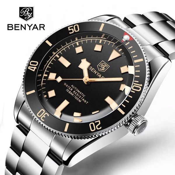 

wristwatches benyar 2021 automatic mechanical watch men's fashion stainless steel waterproof luminous wristwatch, Slivery;brown