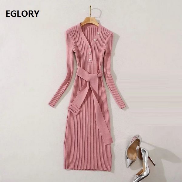 

dresses new korean fashion sweater autumn winter knit wear women v-neck buttons belt deco long sleeve pink grey knitted, Black;gray
