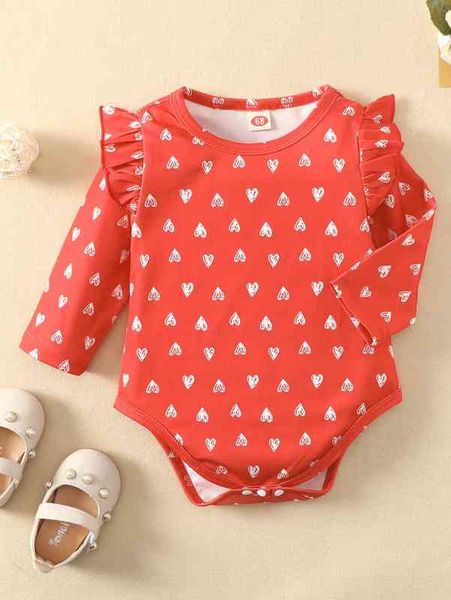 

baby heart print ruffle trim bodysuit she, Blue
