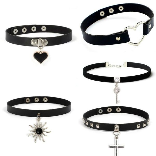 

punk pu leather lock key heart round spike rivet collar studded choker necklace body birthday party gift chocker jewelry chokers, Golden;silver