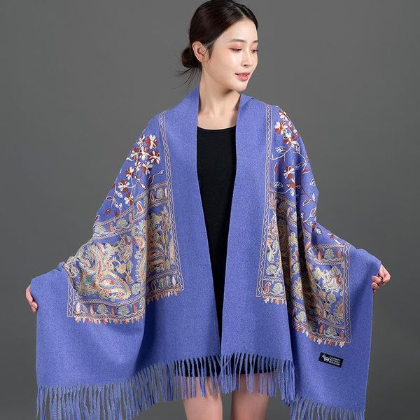 

scarves amyo imition wool cashmere pashmina sjaal dames women wrap winter ethnic embroidery scarf jacquard shawl tassel 200*70cm, Blue;gray