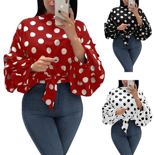 

women polka dot elegant blouses office ladies long sleeve o-neck wave point blouse autumn shirts women's &, White