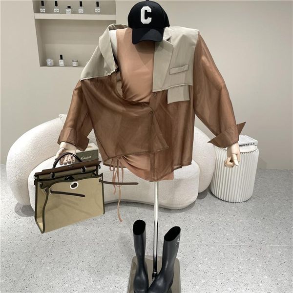 

women's blouses & shirts clothing summer 2021 medium length long sleeve loose shoulder pad splicing casual versatile shirt sunscreen to, White