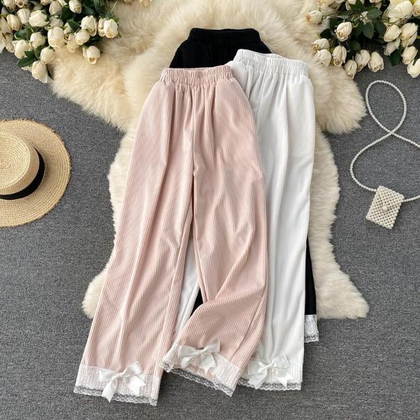 

women's pants & capris wide leg high waist drape loose casual lace stitching bow design niche straight-leg trousers, Black;white