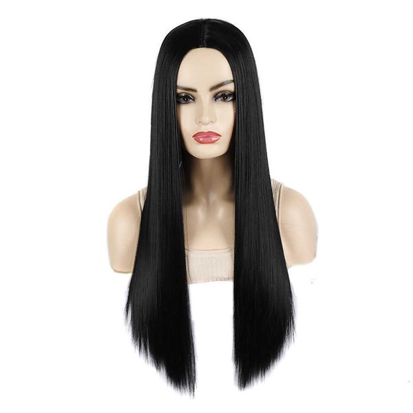 

black medium split long straight hair head cover chemical fiber women's wig