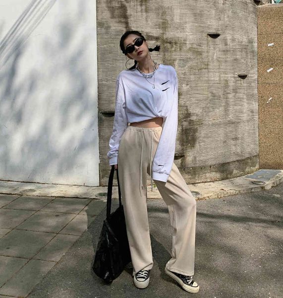 

pants spring summer straight wide leg pants loose high waist drawstring sweatpants casual women tracksuits plus size gozl k8k6, Black;white