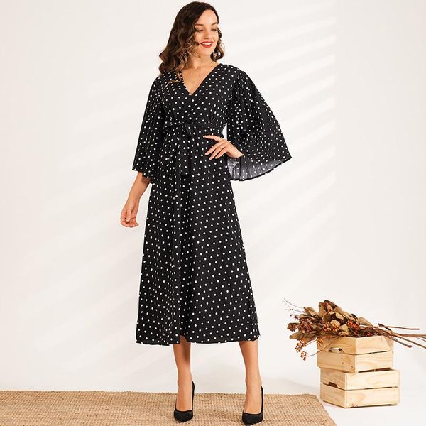 

party dresses women's dot skirt, elegant, v-neck, loose long sleeves, high waist, lace, summer fashion, White;black