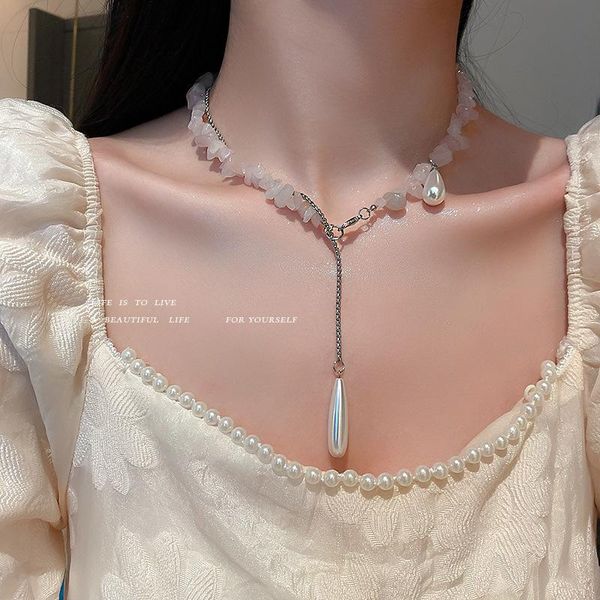 

chains pink crystal water drop imitation pearl necklace korean fashion jewelry design girl heart girlfriend clavicle chain., Silver