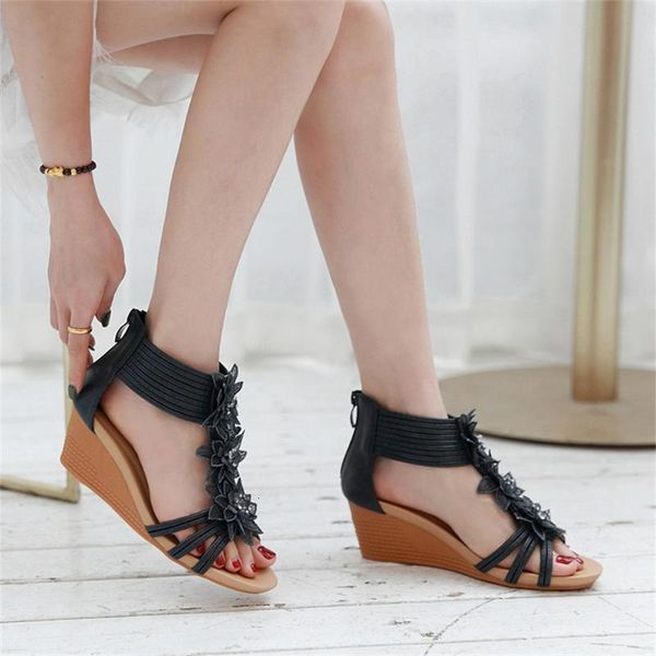 

sandals women elegant pumps spring summer flower rome style ladies wedge platform fish mouth zipper female dress shoes upiy, Black
