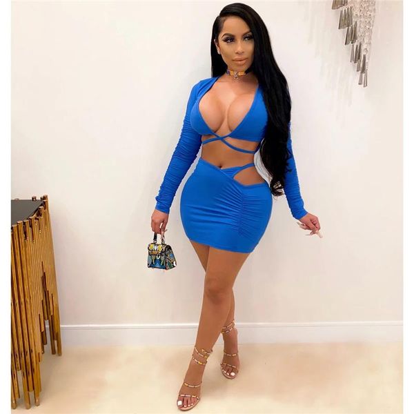 

women's tracksuits rstylish 2021 2 piece short skirt set for women full sleeve wrapped chest crop mini suit clubwear, Gray
