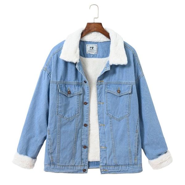 

women's jackets hair casual light blue jacket korean denim lamb wool winter plus velvet padded oversized, Black;brown