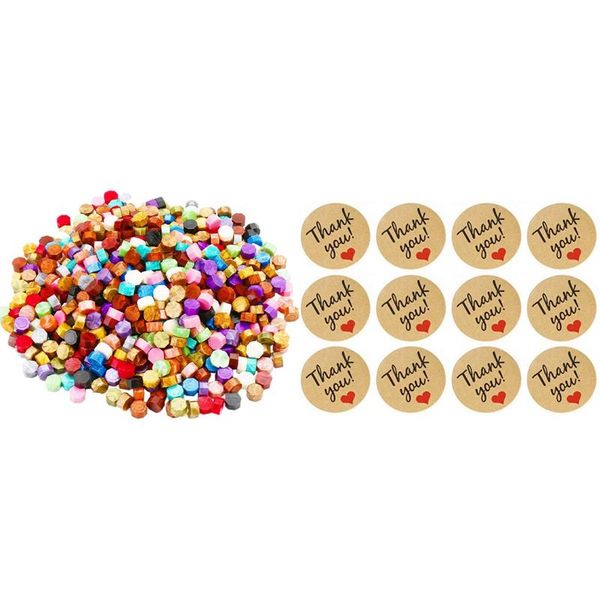 

vintage"thank you" heart round kraft paper seal sticker with 600pcs (24 colors)sealing wax beads packed in plastic box gift wrap
