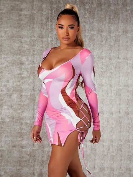 

sxy scoop neck lace up backless graphic pattern bodycon dress e7sv#, Black;gray