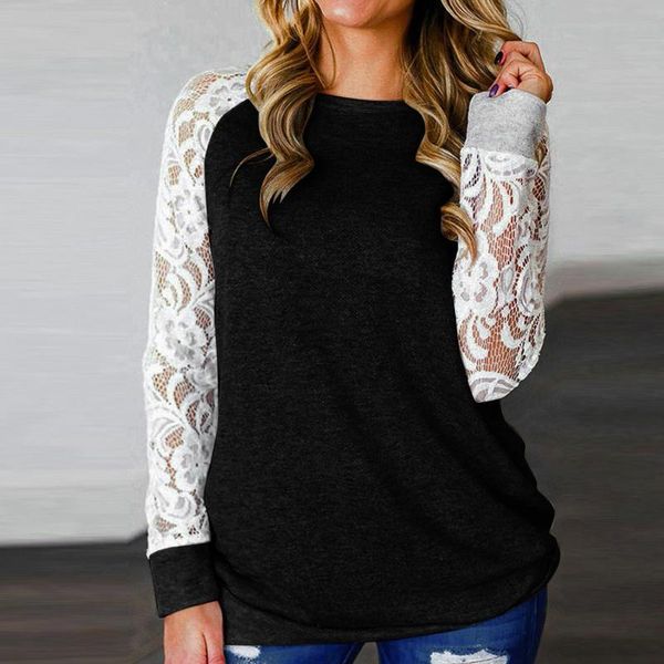 

women's blouses & shirts 45# lace patchwork long sleeve o-neck tunic shirt aesthetic elegant casual blouse roupas, White