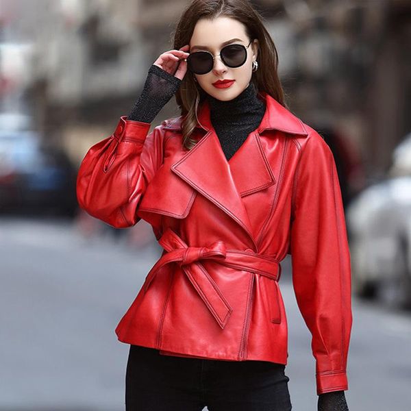 

women's leather & faux autumn winter all-match short slim-fit lapel temperament red real sheepskin trench coat jacket with bow tie belt, Black
