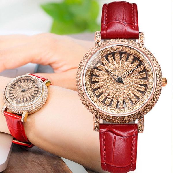 

wristwatches watch bling rotating rhinestone women's watches waterproof leather strap quartz wrist relogio feminino, Slivery;brown