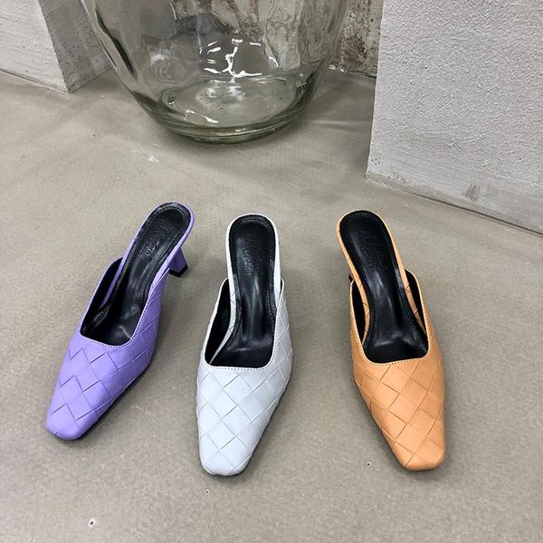

slippers women weave square toe thin high heels slides mules shoes woman slip on summer flip flops pumps 35-39, Black