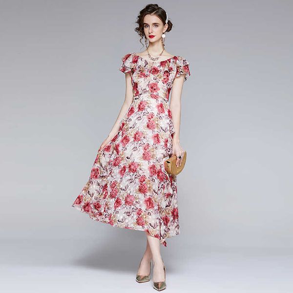 

women summer designer elegant chiffon print maxi dress casual party robe femme vintage ruffles beach holiday dress vestidos 210525, Black;gray