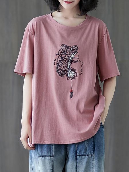 

women's t-shirt summer cotton embroidery 2021 literature and art cover belly show thin loose short sleeve top, White